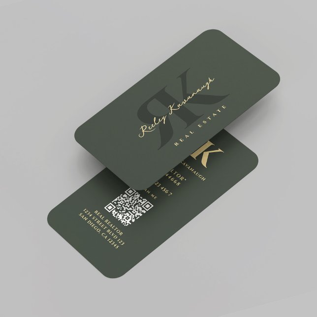 Cartão De Visita Monograma do Realtor Moderno R K Verde Escuro (Modern Realtor Monogram R K Dark Green Professional Real Estate Agent Marketing Business Card
)