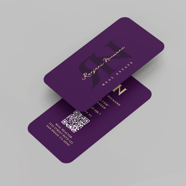 Cartão De Visita Monograma do Realtor Moderno R N Roxo Escuro (Modern Realtor Monogram R N Dark Purple Real estate agent professional marketing QR Business Card
)