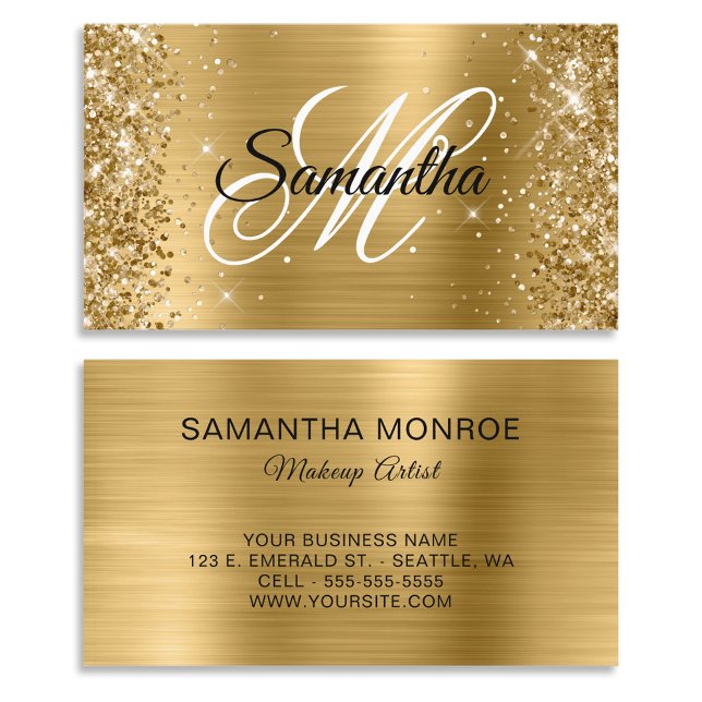 Cartão De Visita Monograma do Rico de folha dourada (Glittery Gold Foil Fancy Monogram Business Card)