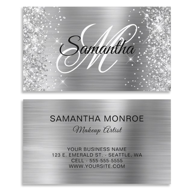 Cartão De Visita Monograma do Rico de folha prata (Glittery Silver Foil Fancy Monogram Business Card)