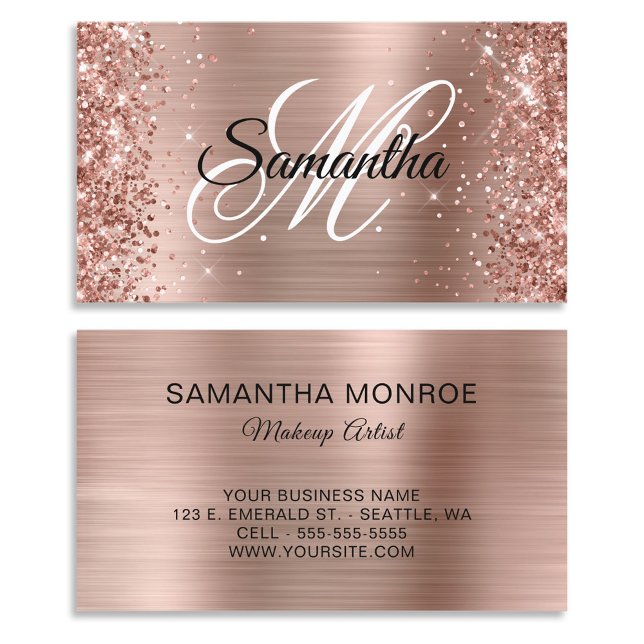 Cartão De Visita Monograma do Rico de folha Rosa dourada (Glittery Rose Gold Foil Fancy Monogram Business Cards)