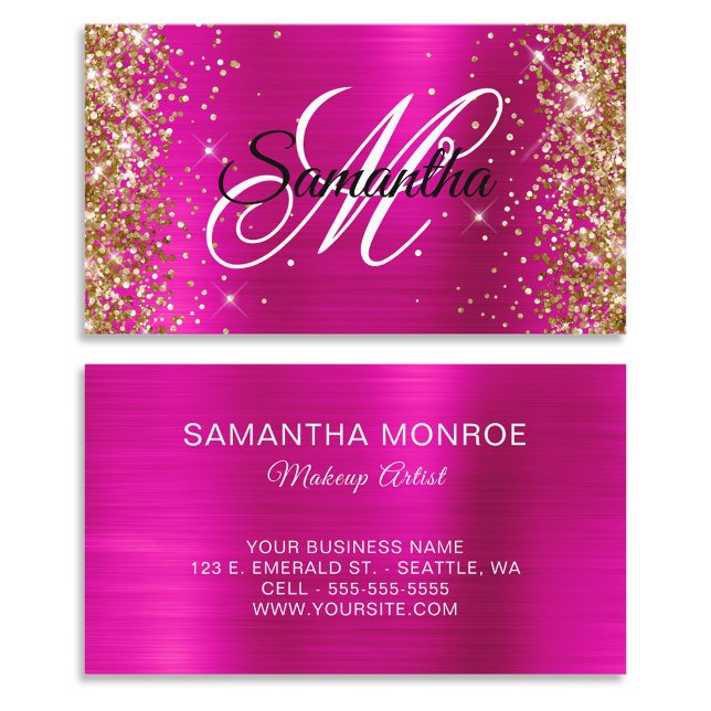 Cartão De Visita Monograma do Rico de folha rosa-quente com brilho  (Gold Glitter Hot Pink Foil Fancy Monogram Business Cards)