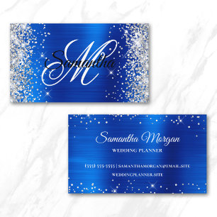 Cartão De Visita Monograma do Rico Real Azul da Folha Silver Glitte