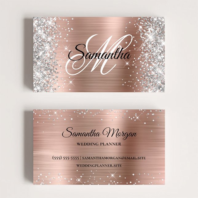 Cartão De Visita Monograma do Rico Rosa Dourado com brilho prateado (Silver Glitter Shiny Rose Gold Foil Fancy Monogram Business Card)