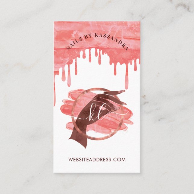 Cartão De Visita Monograma do Script Salon de Manicure de Arte com  (Frente)