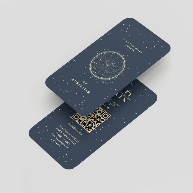 Cartão De Visita Monograma Dourado Azul Escuro de Tarot Moderno (Modern Tarot Cartomancer Dark Blue Gold Monogram Business Card
)