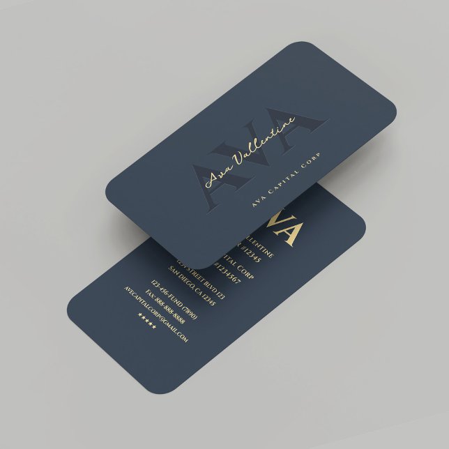 Cartão De Visita Monograma Dourado Azul Escuro Moderno (Modern Professional Dark Blue Gold Monogram Business Card
)