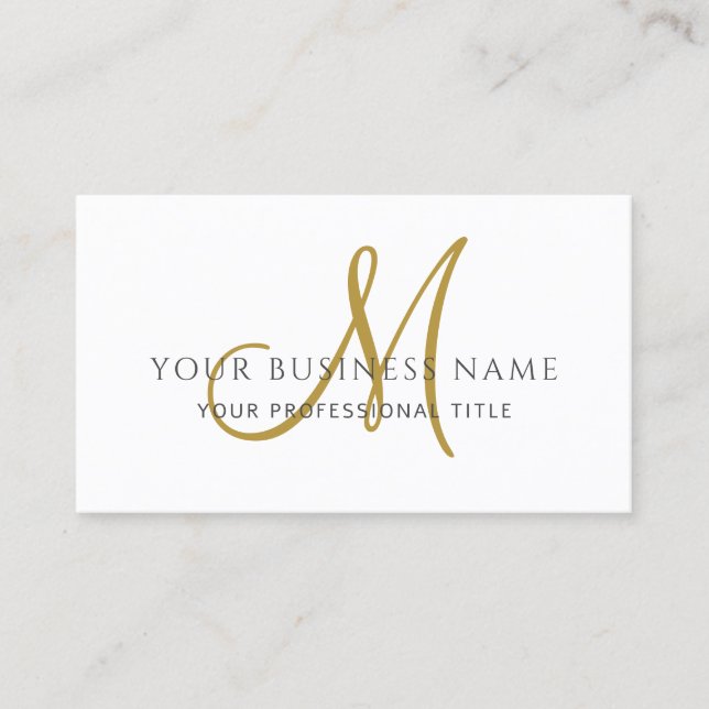 Cartão De Visita Monograma Dourado Branco Minimalista Simples (Frente)