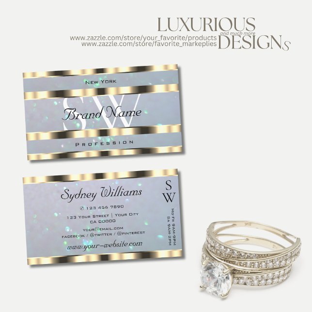 Cartão De Visita Monograma Dourado brilhante de pérolas azuis claro (Criador carregado)