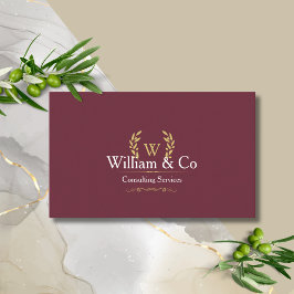 Cartão De Visita Monograma Dourado Clássico Laurel Wreath Burgundy