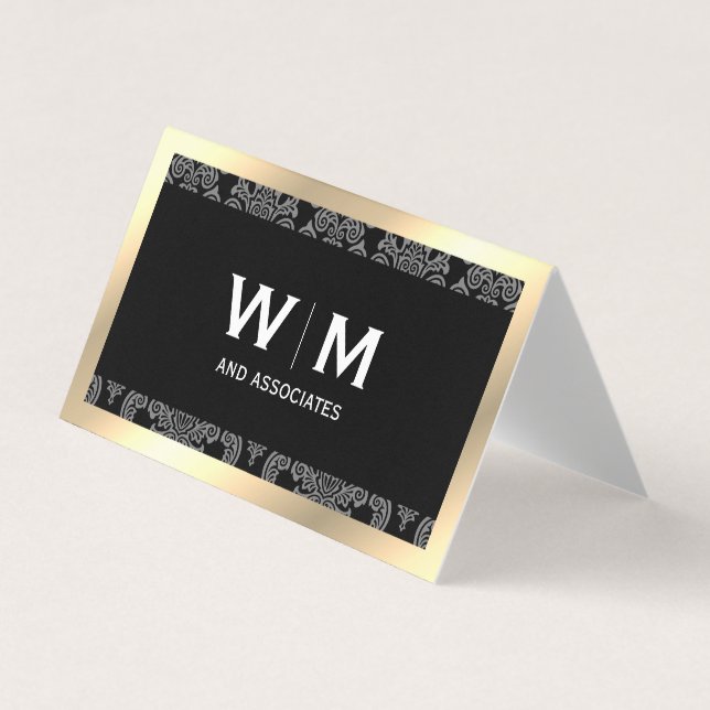 Cartão De Visita Monograma Dourado Damasco de Fronteira (Frente)