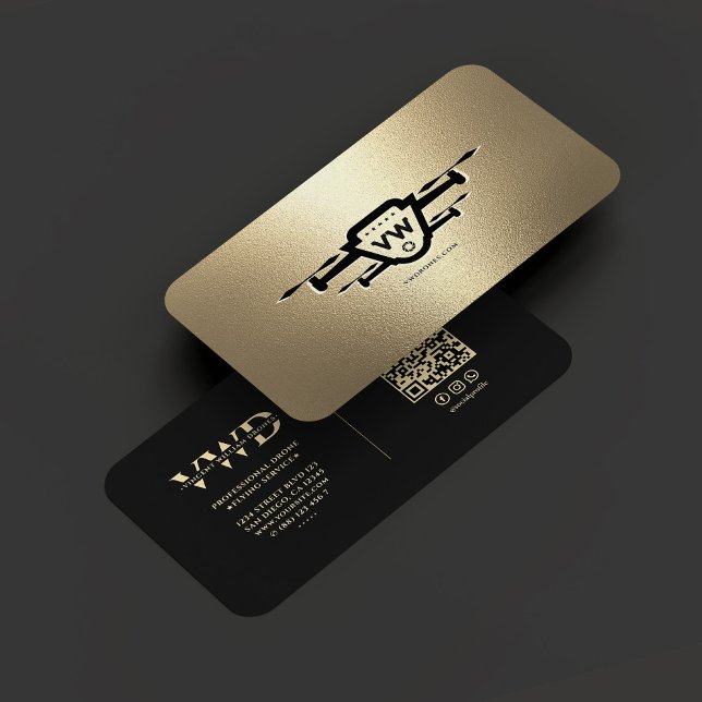 Cartão De Visita Monograma Dourado de Operador Moderno Elegante (Elegant Modern Drone Operator Drone Pilot Black Gold Monogram Business Card
)