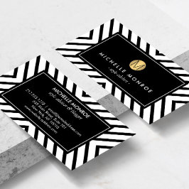 Cartão De Visita Monograma Dourado do Padrão Branco e Preto do Mod