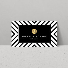 Cartão De Visita Monograma Dourado do Padrão Preto e Branco do Méto