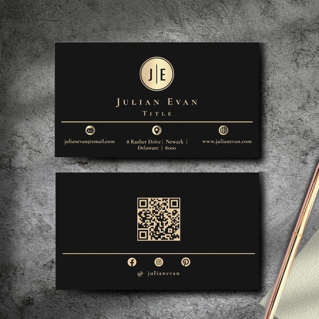Cartão De Visita Monograma Dourado e preto elegante (elegant-black-and-gold-shiny-modern-monogram-business-card.jpg)