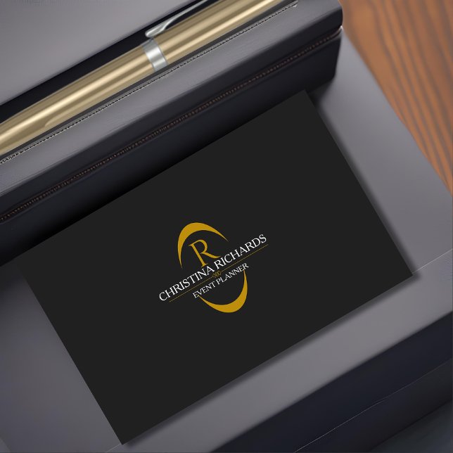 Cartão De Visita Monograma Dourado e preto Elegante moderno (Criador carregado)