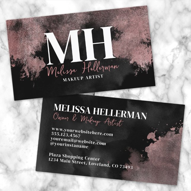 Cartão De Visita Monograma Dourado Elegante Rosa preto (Elegant Black Rose Gold Monogram Business Card)