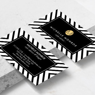 Cartão De Visita Monograma Dourado II do teste padrão preto e