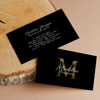 Cartão De Visita Monograma Dourado Metálico Preto com Caligrafia Mí