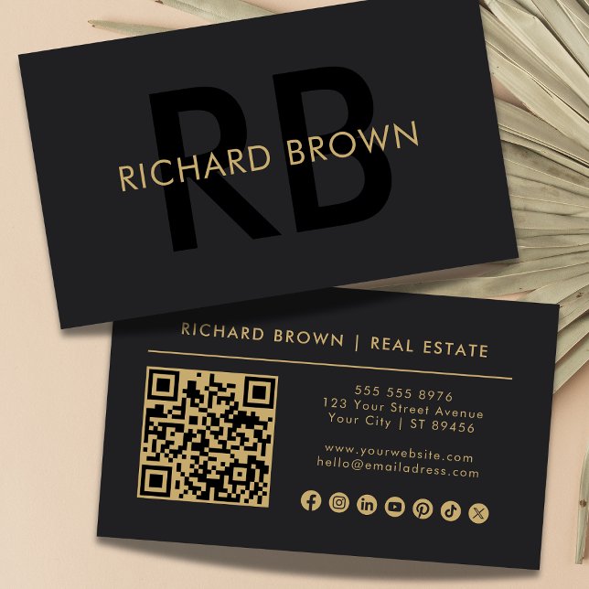 Cartão De Visita Monograma Dourado Mínimo de Chic Black QR (Criador carregado)