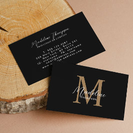 Cartão De Visita Monograma Dourado preto de caligrafia minimalista