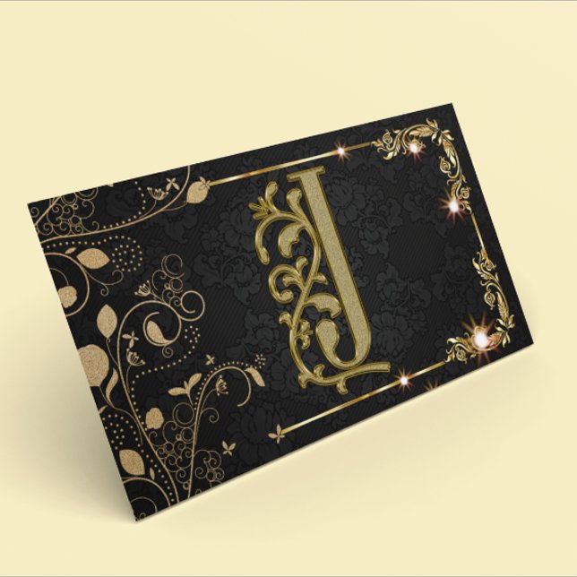 Cartão De Visita Monograma Dourado Sparkle Preto (Criador carregado)