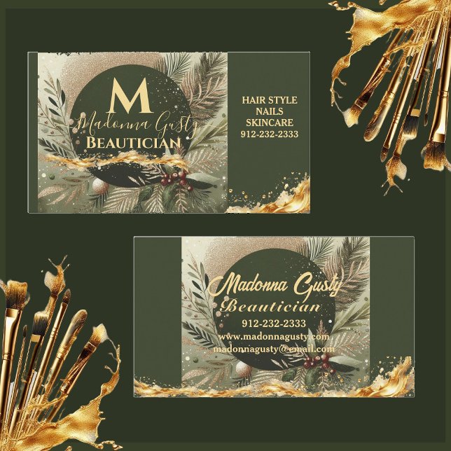 Cartão De Visita Monograma Dourado Verde-Oliva (Olive Green Gold Monogram Beautician Professional Business Card)