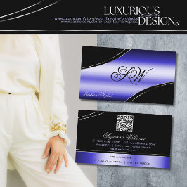 Cartão De Visita Monograma e Código QR das Linhas Curvas Azul-Negro