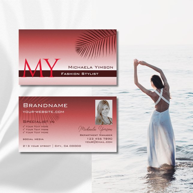 Cartão De Visita Monograma e Foto de Folha de Gradiente Vinho Verme (Criador carregado)