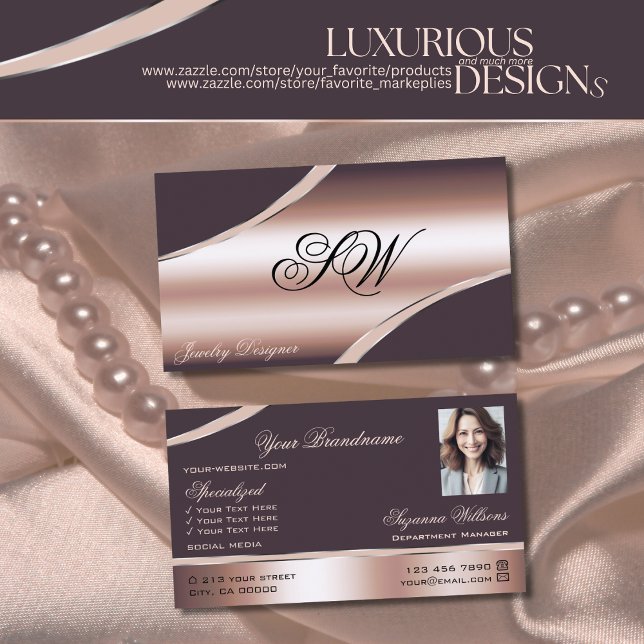 Cartão De Visita Monograma e Foto de Linhas Curvas Douradas Elegant (Criador carregado)