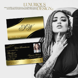 Cartão De Visita Monograma e Foto de Linhas Curvas Douradas em Pret