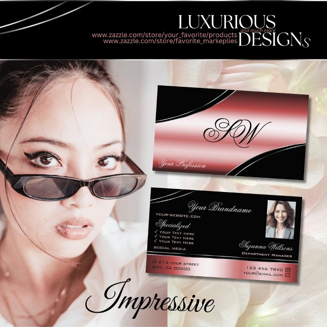 Cartão De Visita Monograma e Foto de Linhas Curvas Vermelhas precio (Criador carregado)