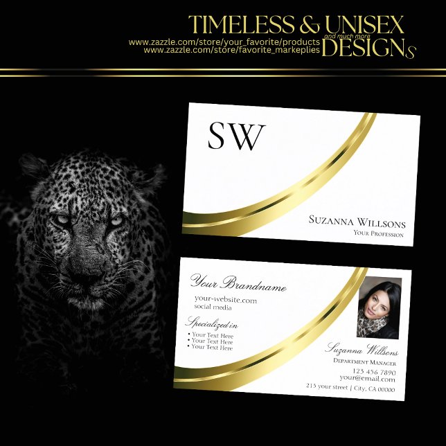 Cartão De Visita Monograma e Foto Dourada Clássica de Decor Branco  (Criador carregado)