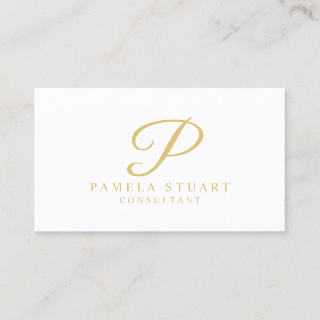 Cartão De Visita Monograma elegante branco e Dourado (Frente)