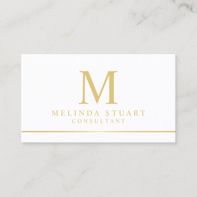 Cartão De Visita Monograma Elegante branco e Dourado (Frente)