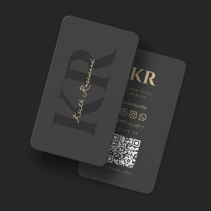 Cartão De Visita Monograma Elegante Cinza de Código QR Professional