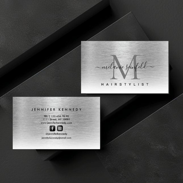 Cartão De Visita Monograma elegante de metal escovado de prata mode (Silver Brushed Metal Elegant Monogram Modern Business Card)