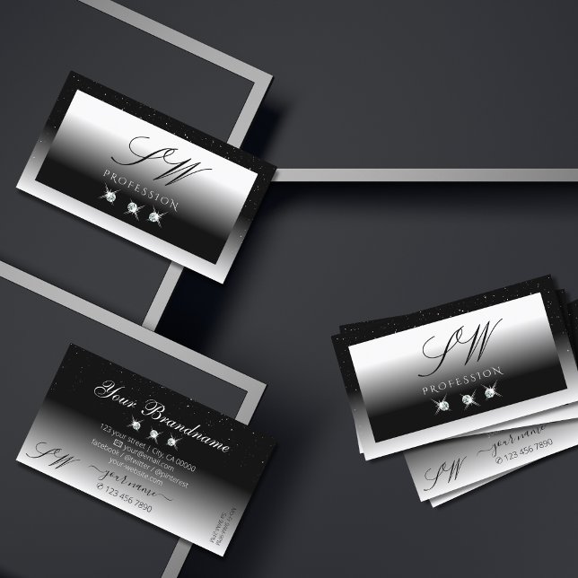 Cartão De Visita Monograma Elegante de Ouros Espelhos Brancos e Pre (Criador carregado)