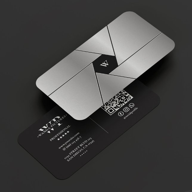 Cartão De Visita Monograma Elegante de Prata Preta da Câmera do Shu (Shutter Lens Camera Elegant Black Silver Monogram Business Card
)