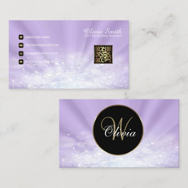 Cartão De Visita Monograma Elegante Glitter Purple Código QR (Frente/Verso)