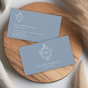 Cartão De Visita Monograma Elegante Inicial Crest Vintage Dusty Blu