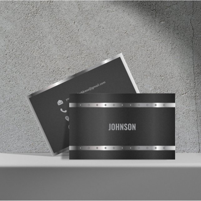 Cartão De Visita Monograma Elegante Moderno de Prata Brilhante de M (Criador carregado)