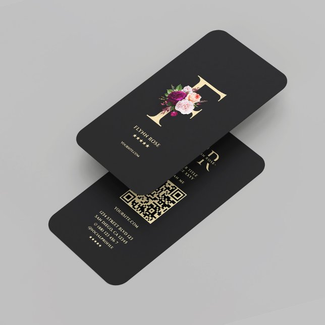 Cartão De Visita Monograma Elegante Moderno F Rosa Floral Preto (Modern Elegant Monogram F Floral Black Gold Business Card
)
