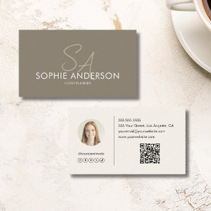 Cartão De Visita Monograma Elegante Moderno Foto QR Taupe