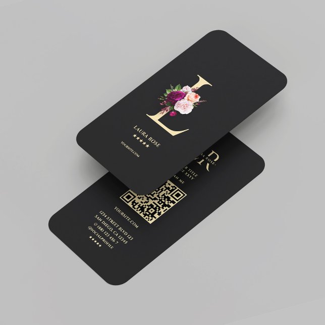 Cartão De Visita Monograma Elegante Moderno L Preto Floral Dourado (Modern Elegant Monogram L Floral Black Gold Business Card
)
