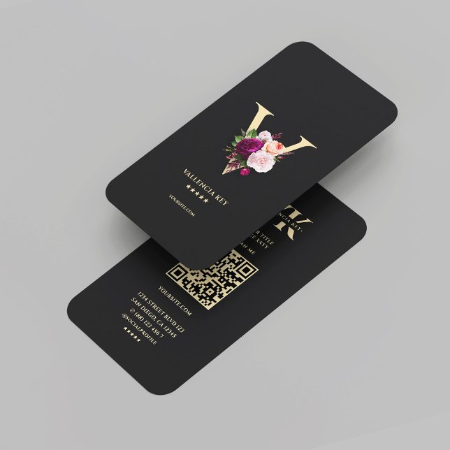 Cartão De Visita Monograma Elegante Moderno V Preto Floral Dourado (Modern Elegant Monogram V Floral Black Gold Business Card
)