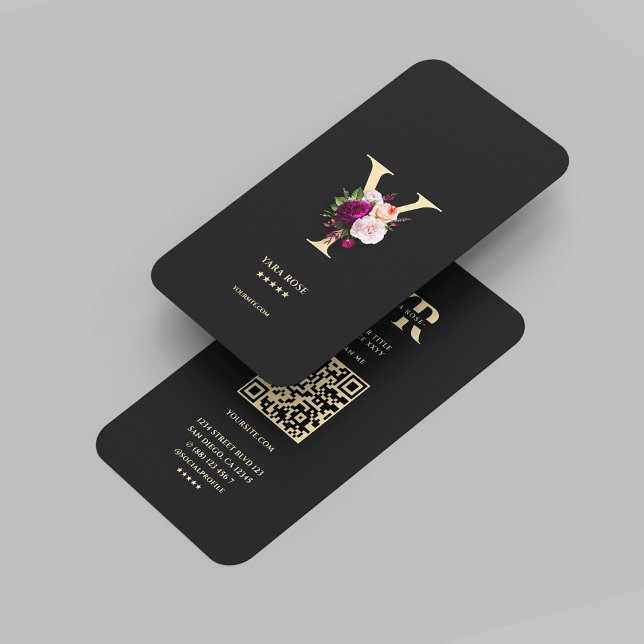 Cartão De Visita Monograma Elegante Moderno Y Preto Floral Dourado (Modern Elegant Monogram Y Floral Black Gold Business Card
)