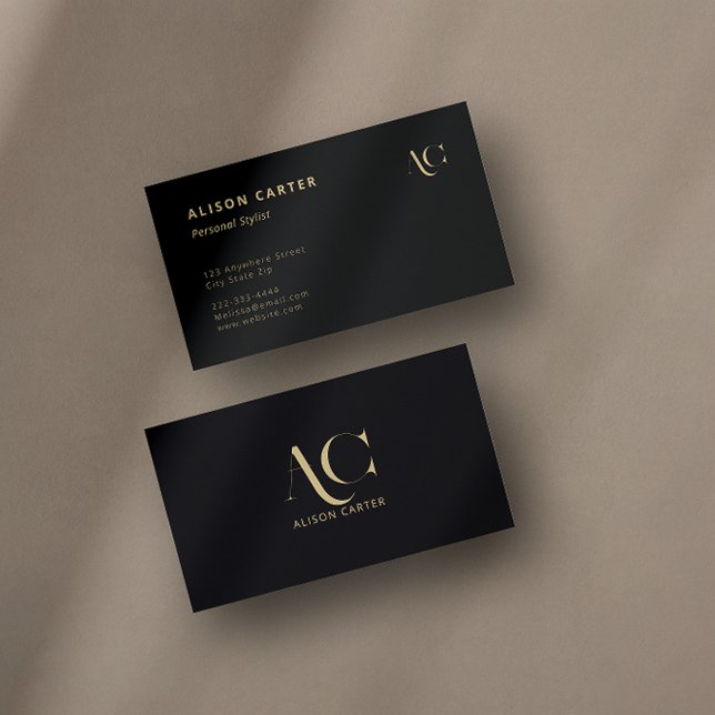 Cartão De Visita Monograma Elegante Preto e Dourado | Mínimo modern (A black and gold business card with an elegant monogram design.)