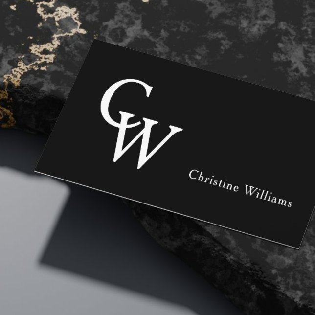 Cartão De Visita Monograma Elegante Simples Branco preto (Black & White Monogram Business Card)