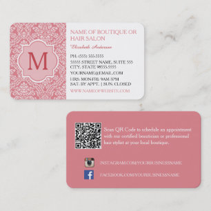 Cartão De Visita Monograma Feminino Cor-de-Rosa Damasco Bela Salão